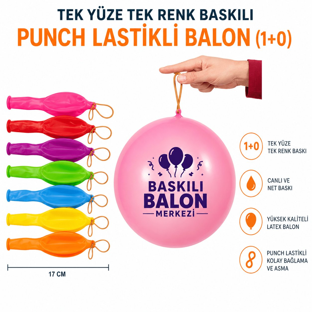 Tek Yüze Tek Renk Baskılı Punch Lastikli Balon 1+0